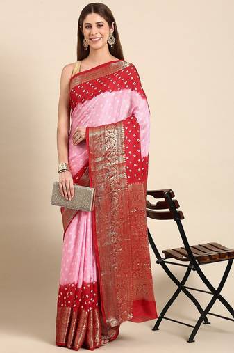 Pink bandhani printed zari saree