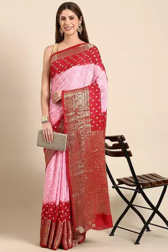 Pink bandhani printed zari saree
