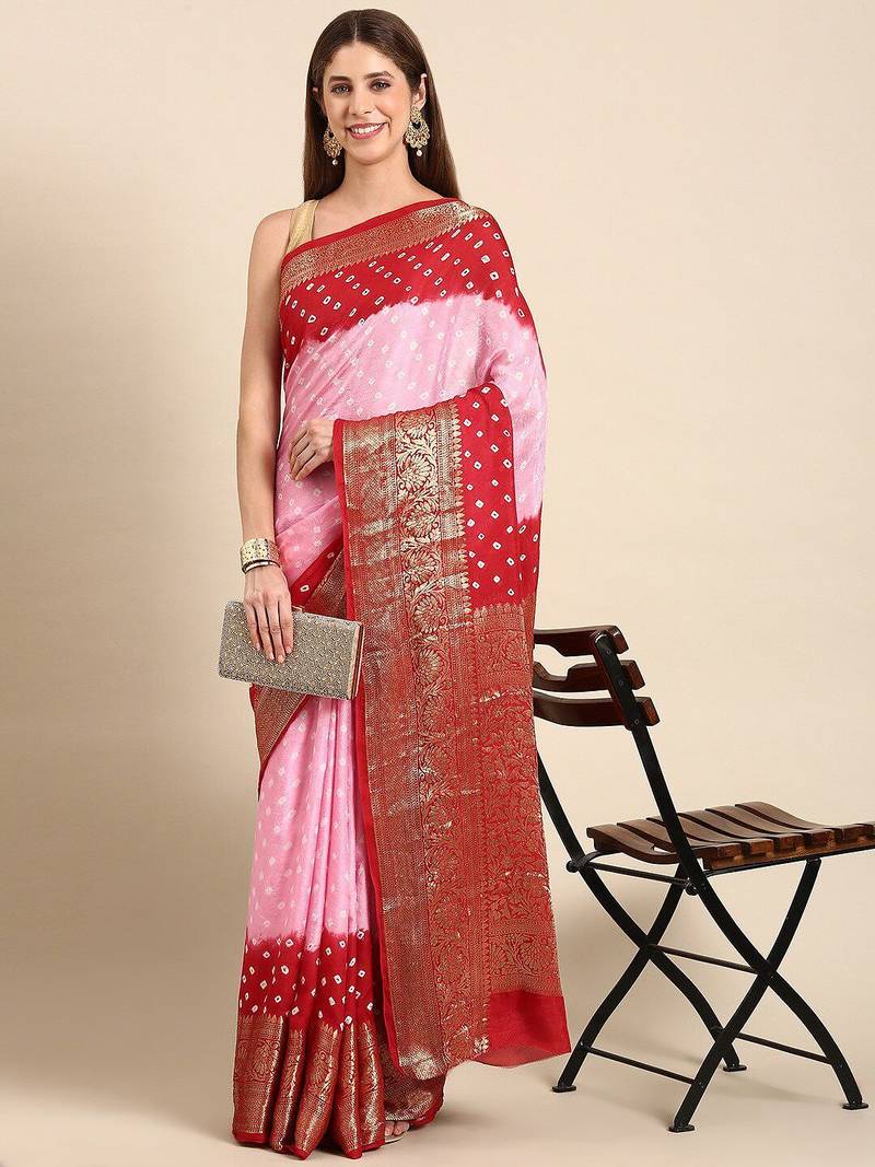 Pink bandhani printed zari saree