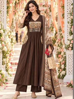 women ethnic motifs empire mirror work chanderi silk kurta with palazzos & with dupatta 1