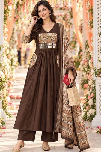 women ethnic motifs empire mirror work chanderi silk kurta with palazzos & with dupatta