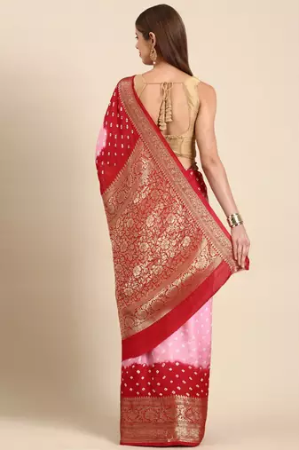 Pink bandhani printed zari saree