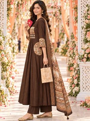 women ethnic motifs empire mirror work chanderi silk kurta with palazzos & with dupatta 4