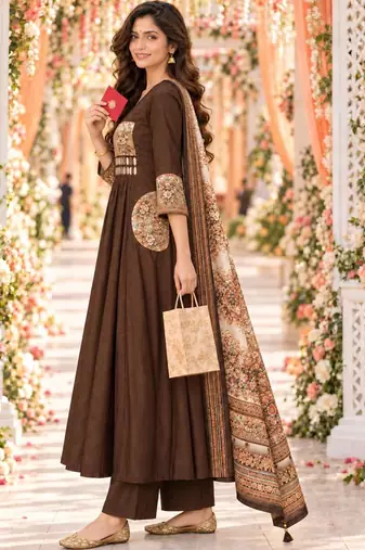 women ethnic motifs empire mirror work chanderi silk kurta with palazzos & with dupatta
