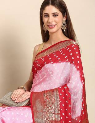 Pink bandhani printed zari saree 3