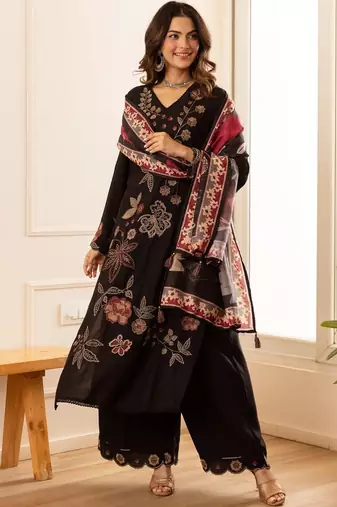 women floral regular thread work kurta with palazzos & with dupatta