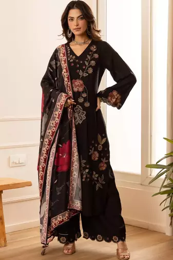 women floral regular thread work kurta with palazzos & with dupatta