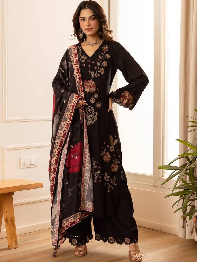 women floral regular thread work kurta with palazzos & with dupatta