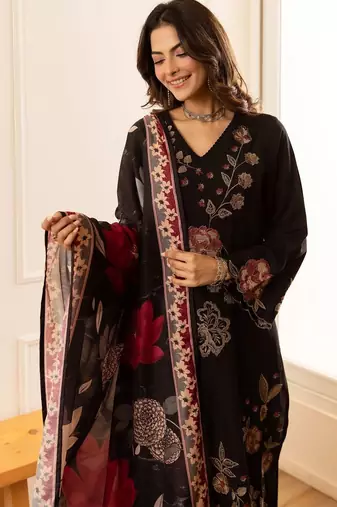 women floral regular thread work kurta with palazzos & with dupatta