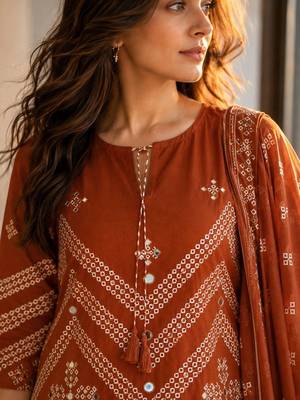 women ethnic motifs embroidered regular mirror work  cotton kurta with palazzos & with 3