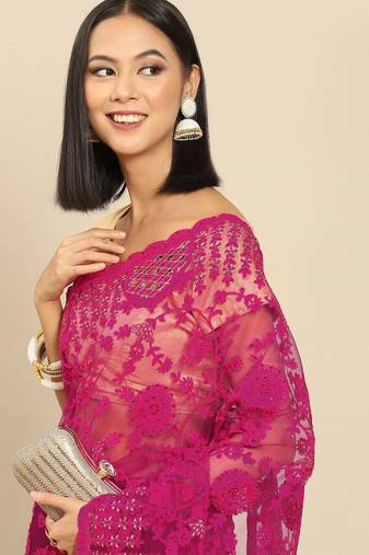 Magenta magenta floral embroidered net saree