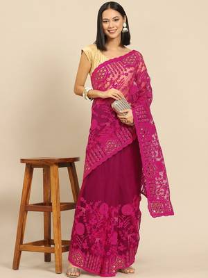 Magenta magenta floral embroidered net saree 2