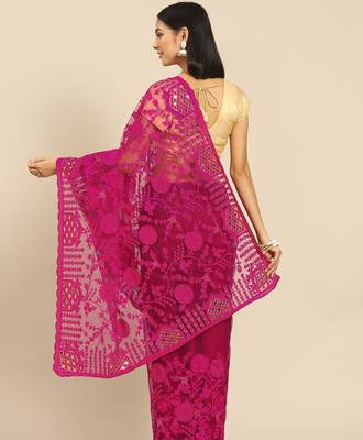 Magenta magenta floral embroidered net saree 3
