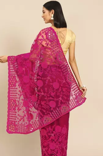 Magenta magenta floral embroidered net saree