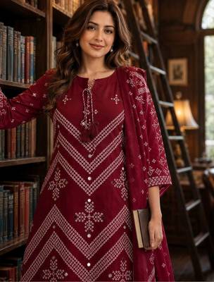 women ethnic motifs embroidered regular mirror work  cotton kurta with palazzos & with 2