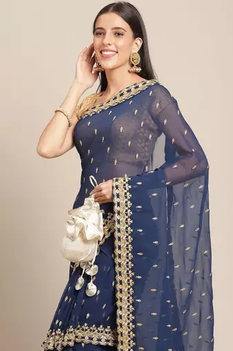 Navy blue navy blue ethnic motifs embroidered layered saree