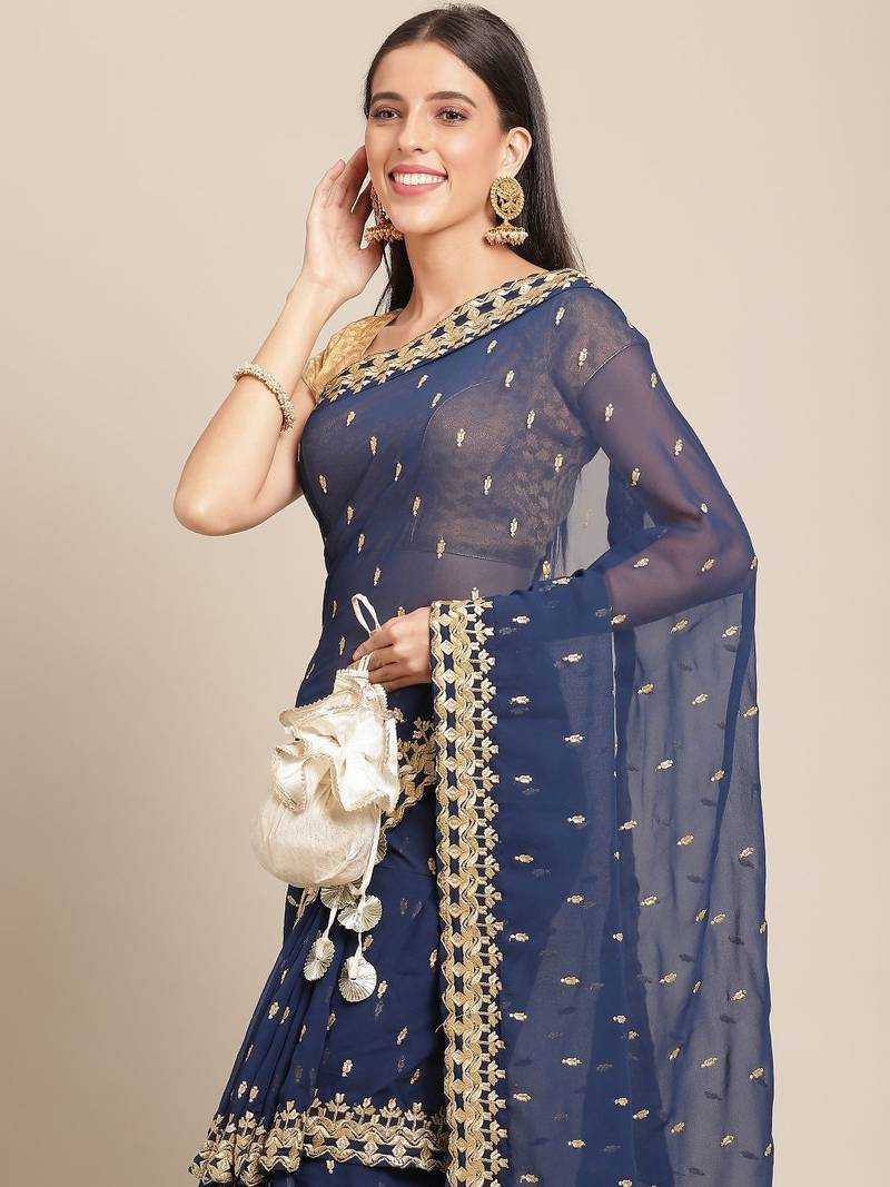 Navy blue navy blue ethnic motifs embroidered layered saree