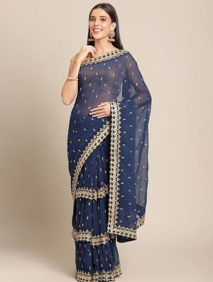 Navy blue navy blue ethnic motifs embroidered layered saree 2