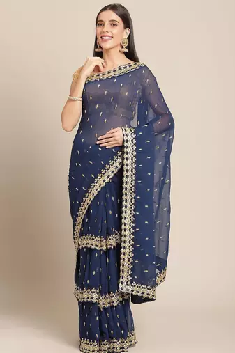 Navy blue navy blue ethnic motifs embroidered layered saree