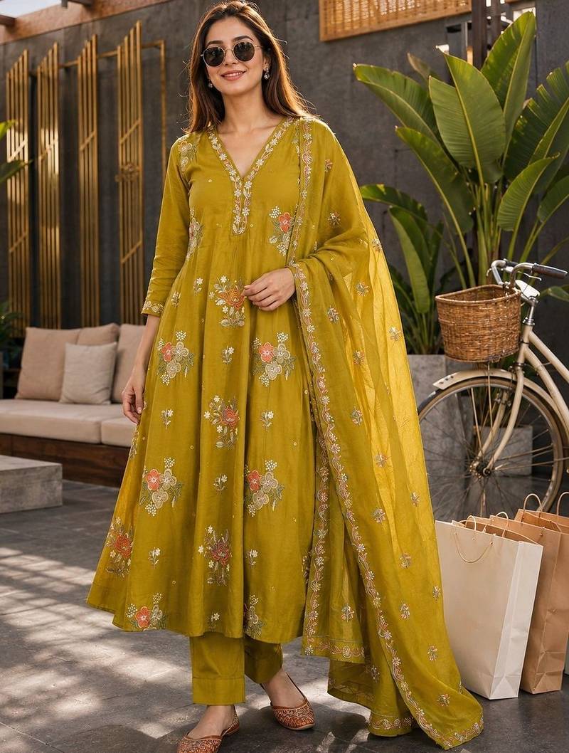 women floral embroidered tiered thread work chanderi cotton kurta with trousers & with dupatta