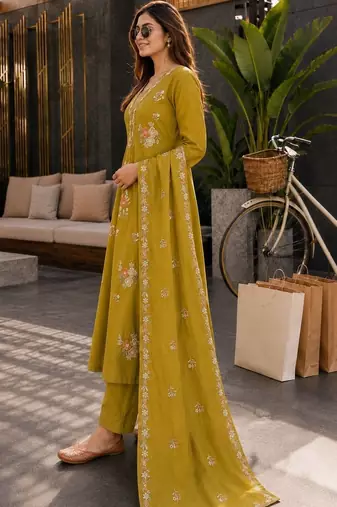 women floral embroidered tiered thread work chanderi cotton kurta with trousers & with dupatta