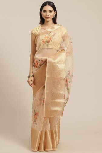 Cream cream colored & orange floral print organza saree