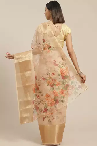 Cream cream colored & orange floral print organza saree