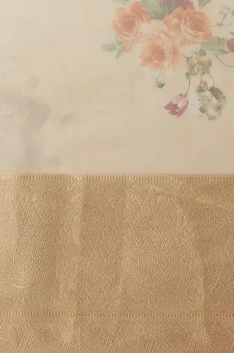 Cream cream colored & orange floral print organza saree