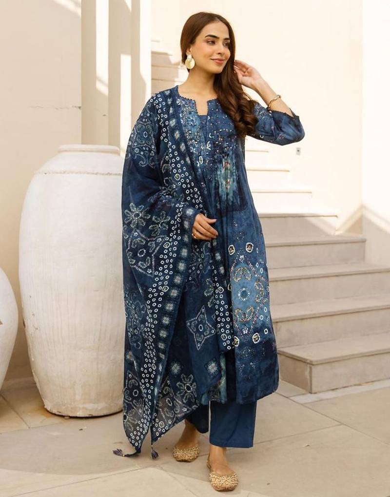 women ethnic motifs printed regular mirror work  cotton kurta with trousers & with dupatta