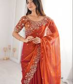Rust ethnic motifs embroidered satin heavy work saree