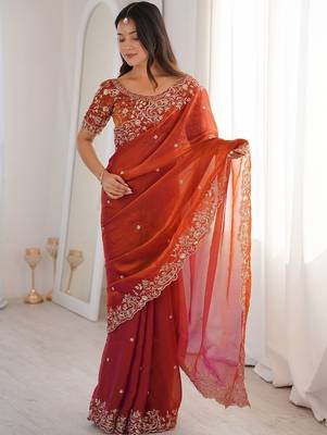Rust ethnic motifs embroidered satin heavy work saree 2
