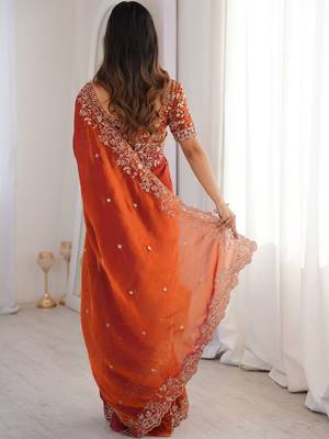 Rust ethnic motifs embroidered satin heavy work saree 3