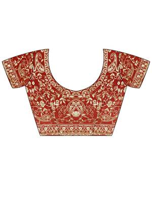 Rust ethnic motifs embroidered satin heavy work saree 5