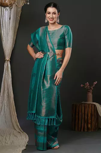 Teal teal ethnic motifs woven design zari kanjeevaram saree