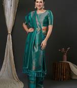 Teal teal ethnic motifs woven design zari kanjeevaram saree