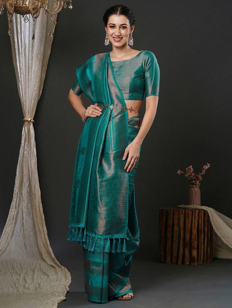 Teal teal ethnic motifs woven design zari kanjeevaram saree