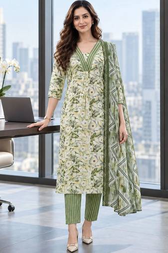 women floral printed regular  cotton kurta with trousers & with dupatta
