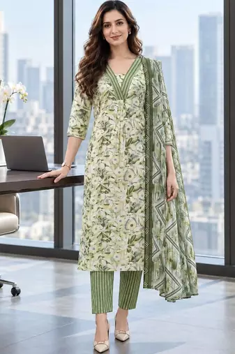 women floral printed regular  cotton kurta with trousers & with dupatta