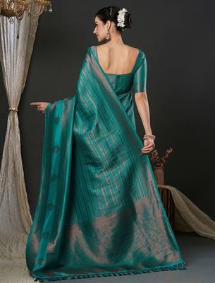 Teal teal ethnic motifs woven design zari kanjeevaram saree 2