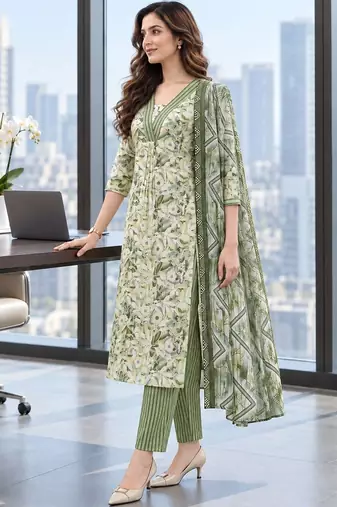 women floral printed regular  cotton kurta with trousers & with dupatta