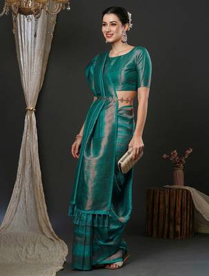 Teal teal ethnic motifs woven design zari kanjeevaram saree 3