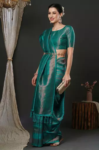 Teal teal ethnic motifs woven design zari kanjeevaram saree