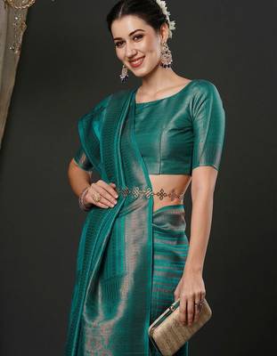 Teal teal ethnic motifs woven design zari kanjeevaram saree 4