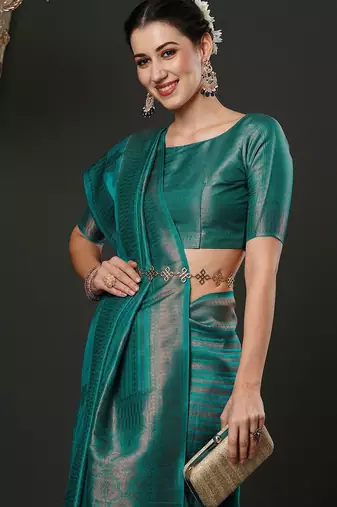 Teal teal ethnic motifs woven design zari kanjeevaram saree