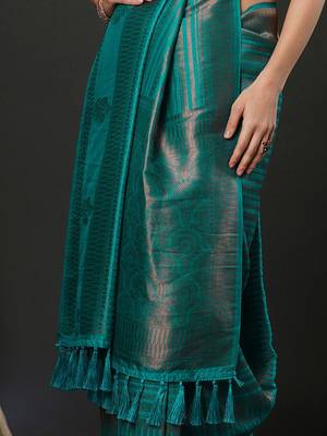 Teal teal ethnic motifs woven design zari kanjeevaram saree 5