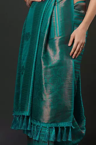 Teal teal ethnic motifs woven design zari kanjeevaram saree