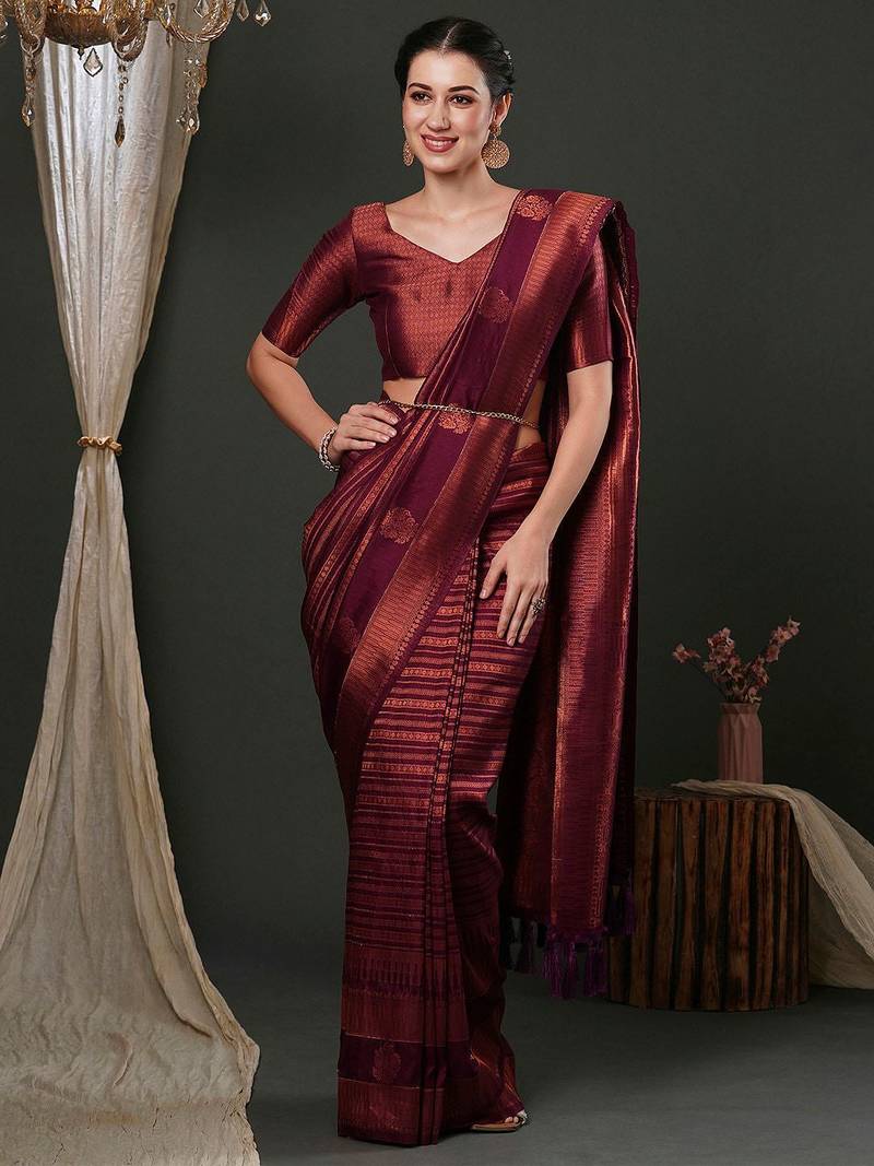 Purple purple ethnic motifs woven design kanjeevaram saree
