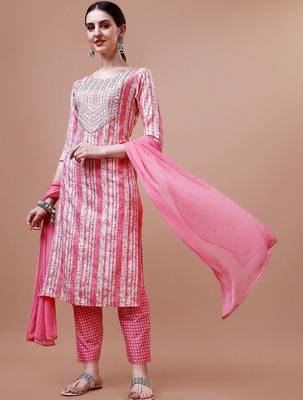 women floral printed mirror work kurta with trousers & with dupatta 1