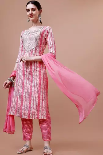 women floral printed mirror work kurta with trousers & with dupatta