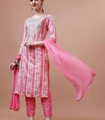 women floral printed mirror work kurta with trousers & with dupatta